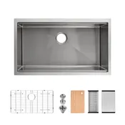 33″x19″ Stainless Steel Kitchen Sink, Single Bowl, Undermount Handmade Sink in Brushed, with Cutting Board, Colander, Grid,SS-BR-09