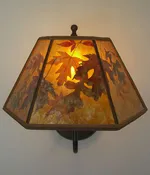 Amber Mica Lamp Shade with Autumn Leaves, Oxidized Brass Sconce