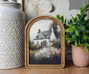 Arch Top Vintage Print on Wood – Spring Cottage Flowers
