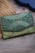 Adorn Bottle Green And Mehandi Embellished Suede Clutch (ADCL3105B)