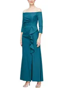Alex Evenings Long Off the Shoulder Compression Dress With Front Cascade Detail Skirt