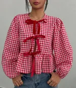 Bow Tie Gingham Checker Ruffled Top