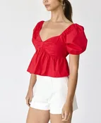Amelia poplin puff sleeve top - red- white - pink