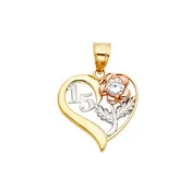 14K Tri-Color Gold Quinceañera Heart Pendant with CZ Flower – Sweet 15 Charm