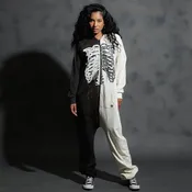 Adult Oversized Zip Jumpsuit - 'Black & White Skelly'