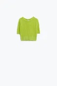 3/4 sleeves green knit sweater with zig zag stripes details