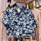 Blue Floral Cropped Shirt + Scrunchie — C'Mere Nola
