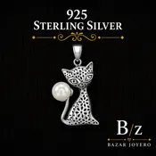 925 Sterling Silver Cat Pendant with Pearl & CZ Eyes