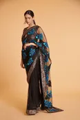 Black Net Saree With Blue Threadwork Booties