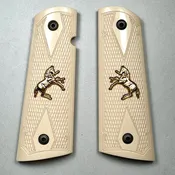 1911 Simulated Ivory Checkered Double Diamond ( MAGWELL ) with Gold Horse Inlay Pistol Grips