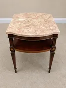 ANTIQUE MAHOGANY NIGHT STAND, MARBLE TOP, WOOD INLAY FLOWERS