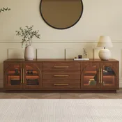 Arune 72" Arched Glass Doors Walnut TV Stand with Storage and LED