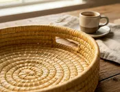 100% Handwoven Natural Rattan 12" Round Serving Tray, Boho Farmhouse Kitchen, Dining & Home Decor, Handcrafted - Authentic African Craftsmanship