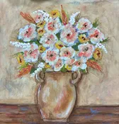 Aunt Debbie Painting #3 (Pink & White floral in beige pot, tan background)