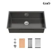33″x19″ Stainless Steel Kitchen Sink, Single Bowl, Undermount Handmade Sink in Brushed, with Cutting Board, Colander, SS-BR07D-331908