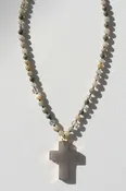Aibell Long Stone Bead Mix Necklace with Cross Pendant