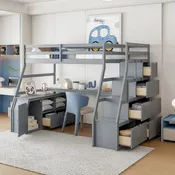 Grijs volledig houten hoogslaper met laden, planken, bureau, hekontwerp