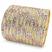 Gold Plated Dozen Bangle, Diamond Cutting Finish, Tricolor, 03.08.0088.06 (06 MM Thickness, Size 6 (2.75 Diameter))