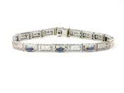 Art Deco 14k White Gold Filigree Blue Glass Straight Line Bracelet 6.75"