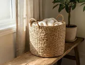 100% Handwoven Natural Rattan Approximately 12.5-14" Round Rustic Weave Basket with Handles, Boho Farmhouse Decorative Laundry & Storage Organizer, Handcrafted – Authentic African Craftsmanship