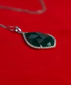 14kt White Gold Pendant and Chain With Diamonds Surrounding a Checkerboard Cut Design Genuine Green Agate Necklace
