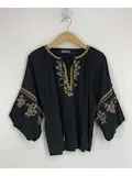 3/4 BUBBLE SLEEVE, LACE UP NECK, WOVEN TOP W/ MULTI COLOR EMBROIDERED DETAIL-BLACK MULTI