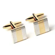 14mm Cuff Links /Rhodium Vertical Silver Stripes. Wide Gold Band Center / Import