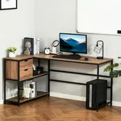 Bureau d'angle industriel avec étagères de rangement et 2 tiroirs