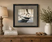 18" X 22" BLACK DISTRESSED FRAME WINTER LANDSCAPE SCENE PAINTING STREAM & TREES