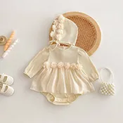 Cream Floral Appliqué Baby Romper Dress Set