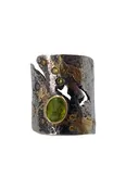 Artisan Signed Goph Sterling and Gold Textured Ring with Peridot