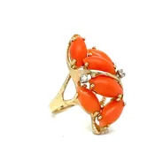 14k Yellow Gold Vintage Genuine Marquise Shape Cabochon Coral Diamond Ring