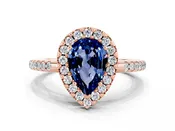 14K Rose Gold 1.78 Carat Pear Blue Sapphire Pavé Halo Ring with Four-Prong Setting