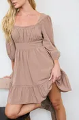 3/4 SLEEVE LACE TRIM SQUARE NECK MINI DRESS