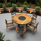 7Pc Teak Aluminum Round Dining Set – Bold Table Danish Black Sling Chairs