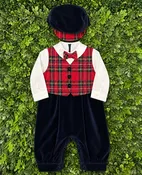 Bimbalo Boys’ Navy Velvet Tartan Holiday Romper Set