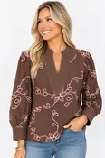 Autumn Embroidery Split Neck Blouse