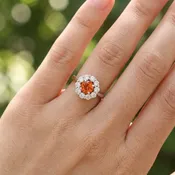 14K White Gold Diamond Halo Ring set with Orange Sapphire
