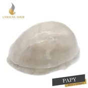 LYRICAL HAIR 0.10mm Thickness Durable Skin Knotted PU Human Hair System For Men 100% Hand Tied Woven Toupee for Men | White