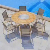 7 Pc Stainless Steel Teak Round Dining Set – Signature Table & Alzette Stacking Chairs | Seats 6