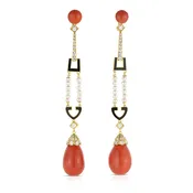 Cicada Yellow Gold, Coral, Diamond & Black Enamel Drop Earrings