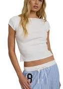 Boat Neck Short Sleeve Ribbed Knit Top