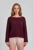 Boat Neck Contrast Roll-Up Trim Long Sleeve Knit Top - Burgundy
