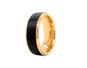 7mm, Flat Shaped Tungsten Ring with Brushed Black Exterior and Yellow Gold Plated Stepped Edges and Interior