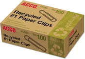 Acco Recycled Paper Clips, #1, Smooth, Silver, 100 Clips/Box, 10 Boxes/Pack