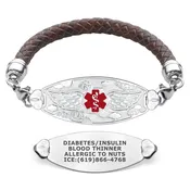 Angel Wing Brown Braided Leather Medical ID Bracelet