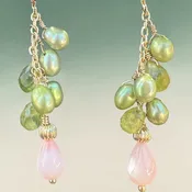 Earrings with Angel Skin coral drops, green fresh water pearls and peridot briolette gold filled hoops