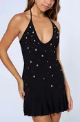 Black halter embellished mini dress