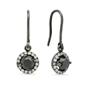 14K White Gold Black Rodhium Halo Dangling Hook Earrings with 2 Round Black Diamonds