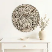 24" Round Lattice Carved Distressed White Solid Wood Wall Panel
